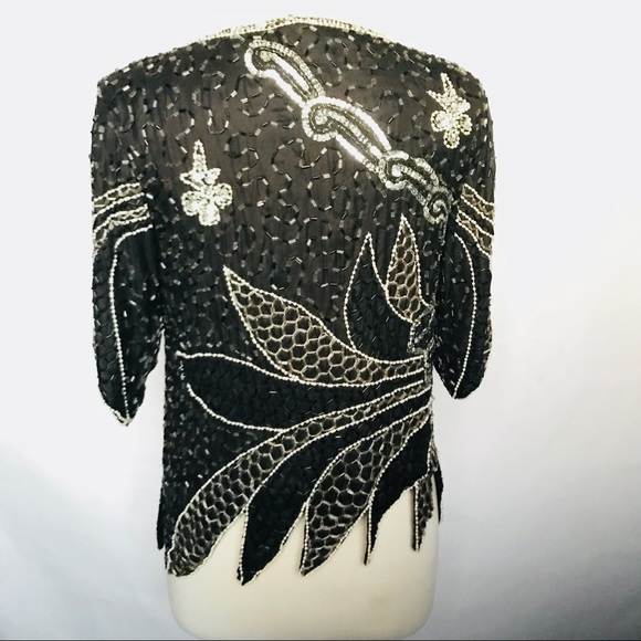 Vintage Black Sliver Sequins Beaded Top - Small - Picture 4 of 5